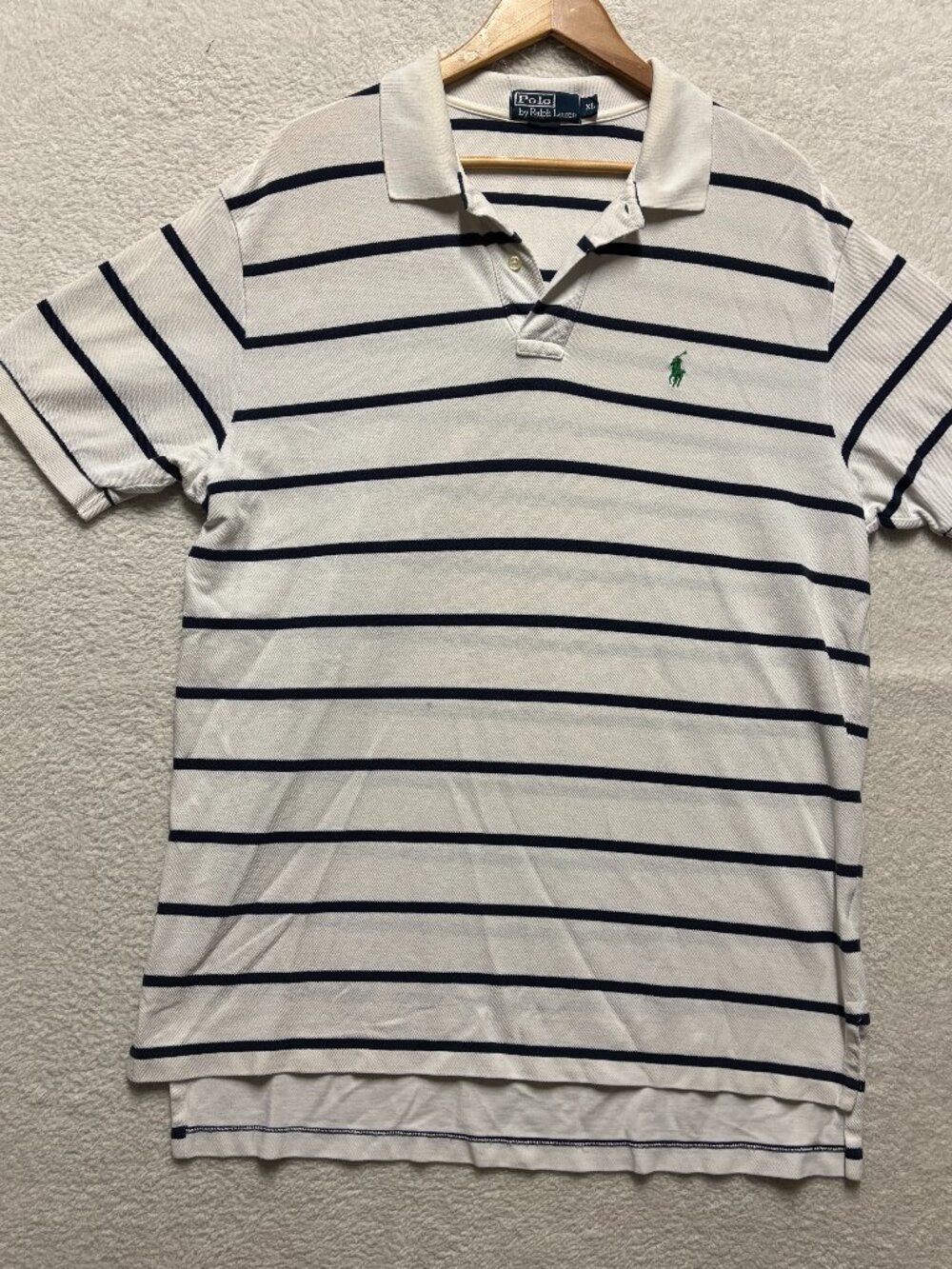 Polo Ralph Lauren Men XL White Blue Striped Short Sleeve Pique Polo Shirt Vtg